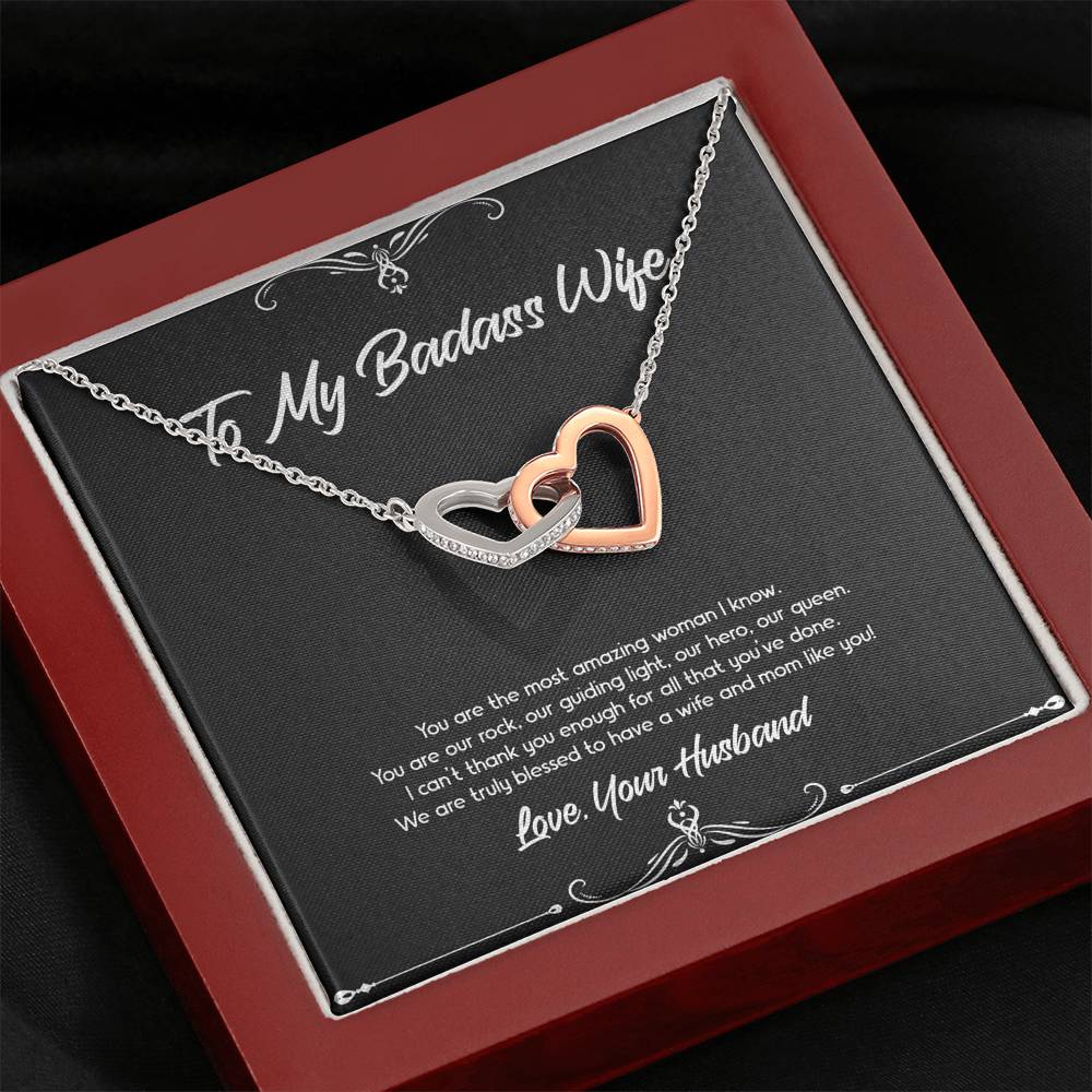 To My Badass Wife, You Are Our Rock, Interlocking Heart Necklace For Women, Anniversary Birthday Valentines Day Gifts From Husband