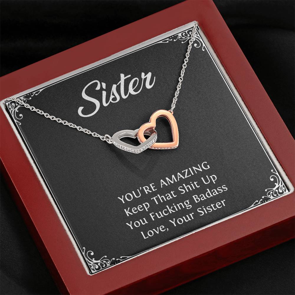 To My Badass Sister Gifts, You're Amazing, Interlocking Heart Necklace For Women, Birthday Present Idea From Sister
