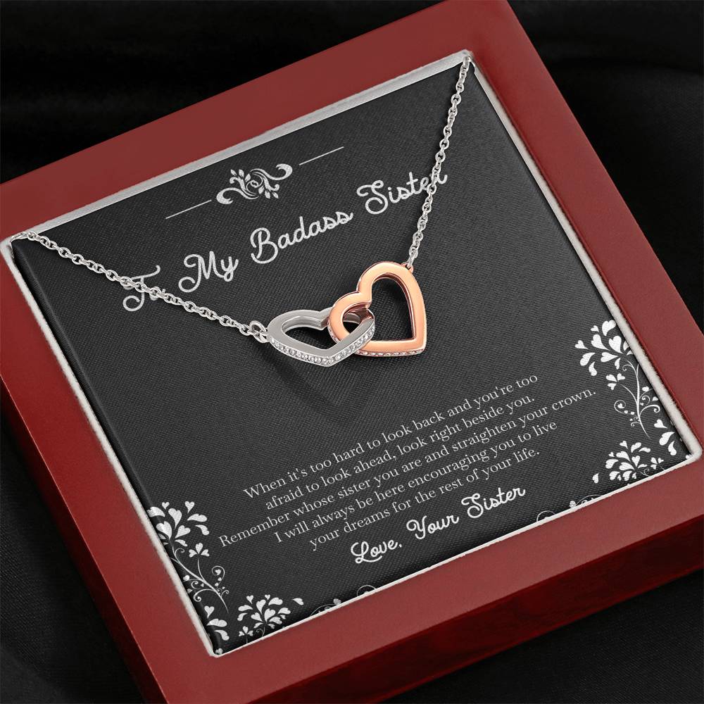 To My Badass Sister Gifts, I Will Always Be Here , Interlocking Heart Necklace For Women, Birthday Present Idea From Sister