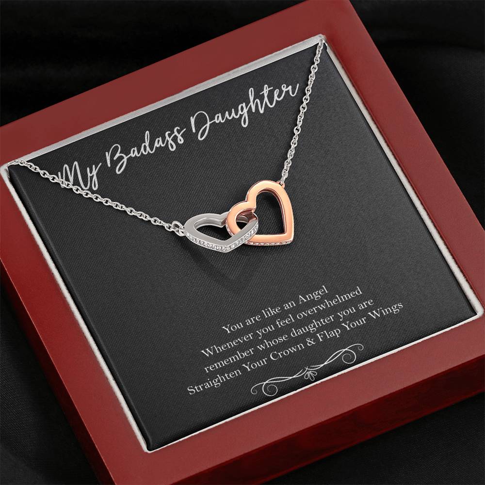 To My Badass Daughter Gifts, You Are Like An Angel, Interlocking Heart Necklace For Women, Birthday Present Idea From Mom