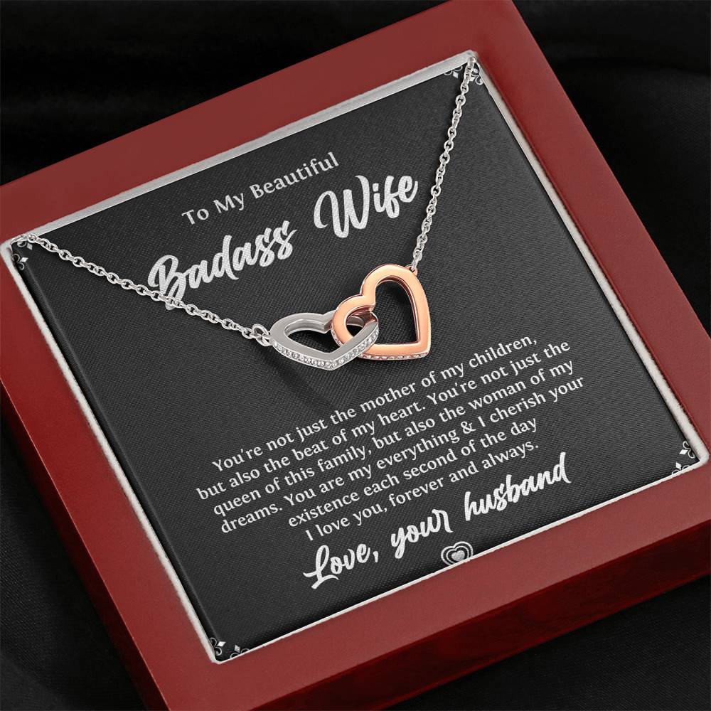 To My Badass Wife, Beat Of My Heart, Interlocking Heart Necklace For Women, Anniversary Birthday Valentines Day Gifts From Husband