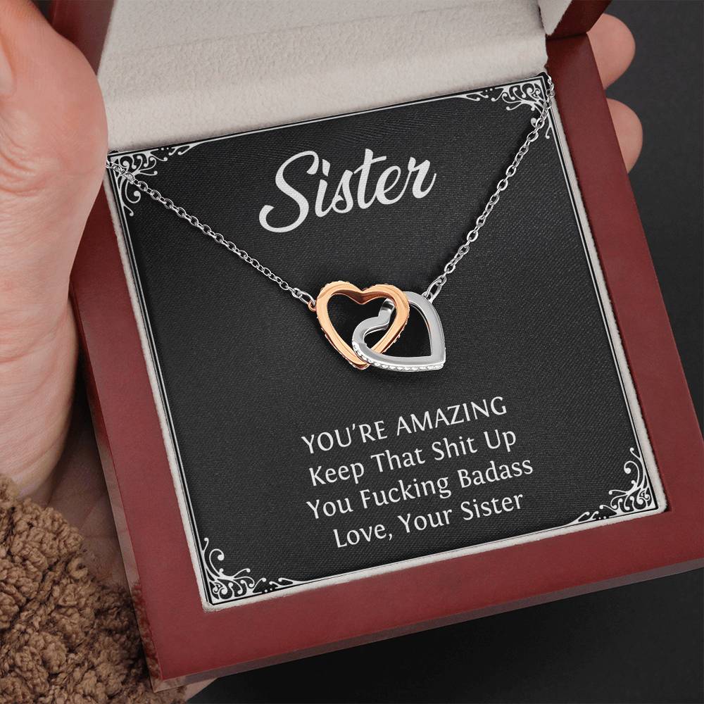 To My Badass Sister Gifts, You're Amazing, Interlocking Heart Necklace For Women, Birthday Present Idea From Sister