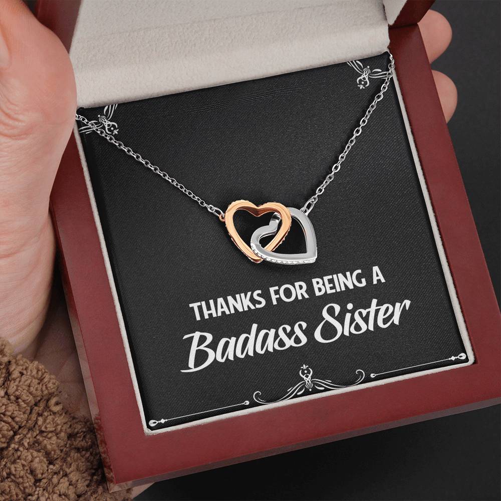 To My Badass Sister Gifts, Thanks For Being A Badass Sister, Interlocking Heart Necklace For Women, Birthday Present Idea From Sister