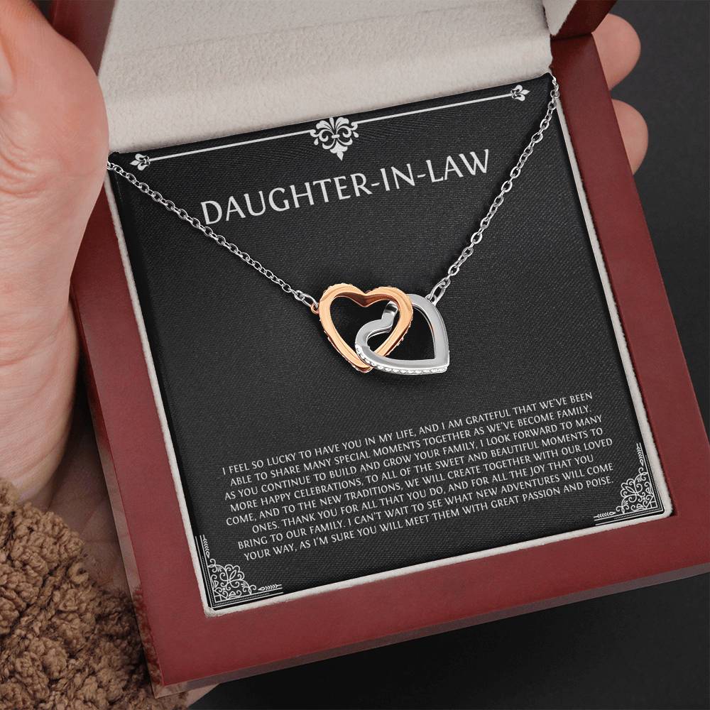 To My Daughter-in-law Gifts, I'm Lucky To Have You, Interlocking Heart Necklace For Women, Birthday Present Idea From Mother-in-law