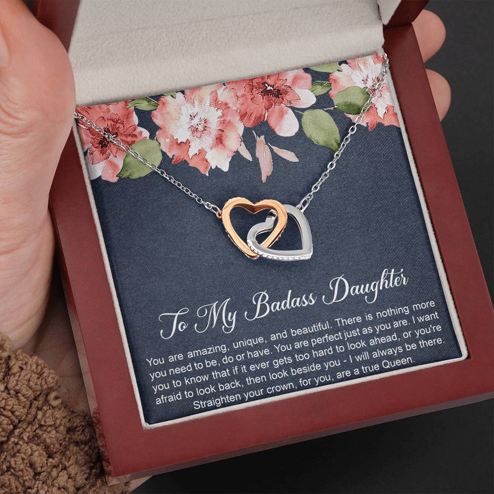 To My Badass Daughter Gifts, You Are Amazing, Interlocking Heart Necklace For Women, Birthday Present Idea From Mom