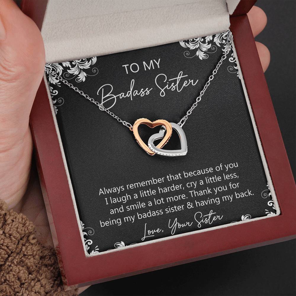 To My Badass Sister Gifts, Always Remember, Interlocking Heart Necklace For Women, Birthday Present Idea From Sister