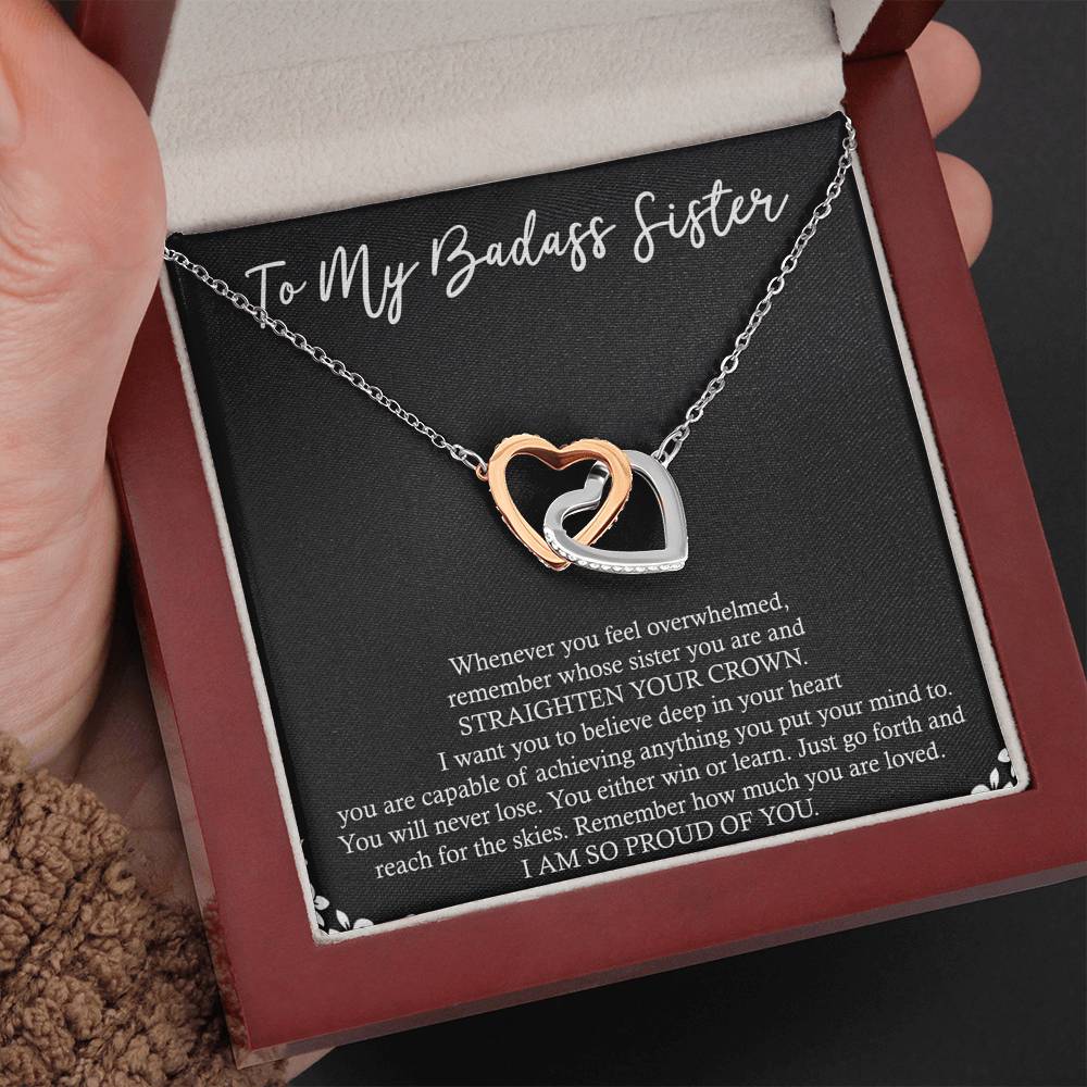 To My Badass Sister Gifts, I Am So Proud Of You, Interlocking Heart Necklace For Women, Birthday Present Idea From Sister