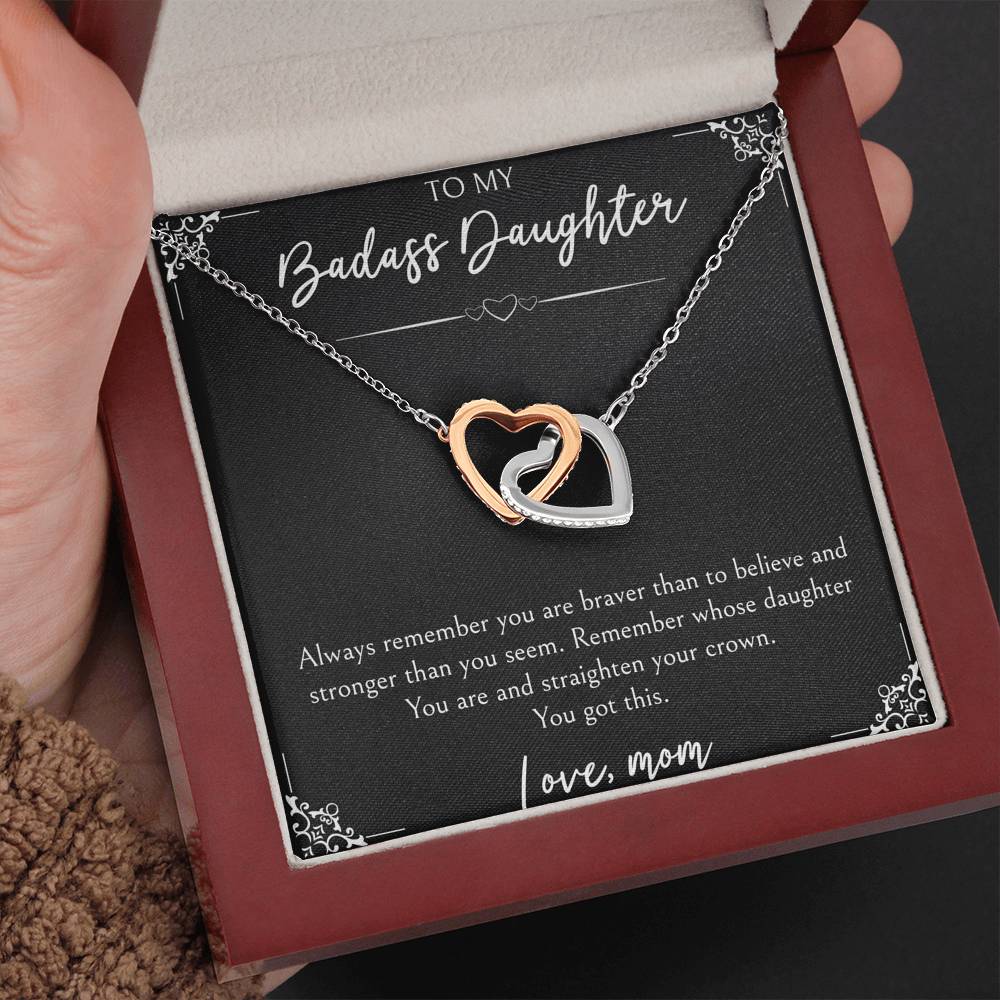 To My Badass Daughter Gifts, You Are Braver Than You Believe, Interlocking Heart Necklace For Women, Birthday Present Idea From Mom