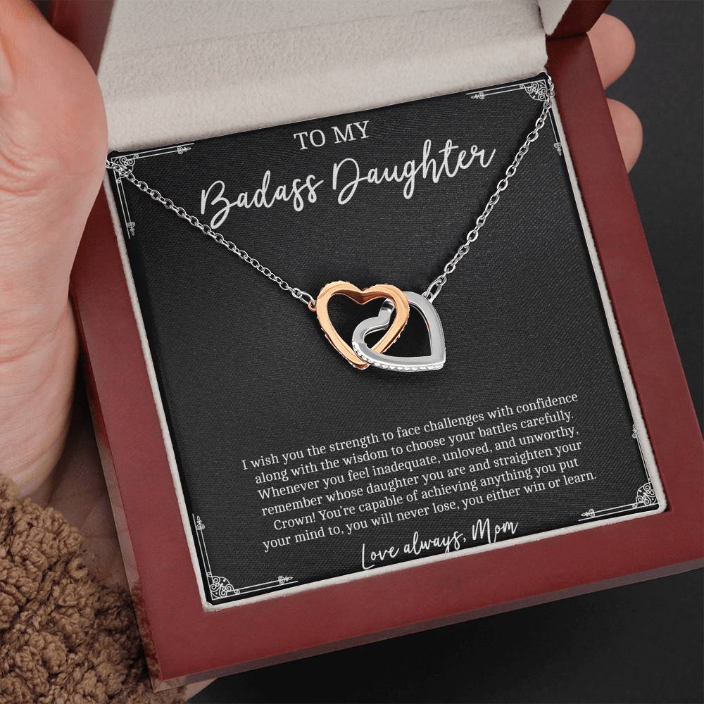 To My Badass Daughter Gifts, I Wish You Strength To Face Challenges, Interlocking Heart Necklace For Women, Birthday Present Idea From Mom