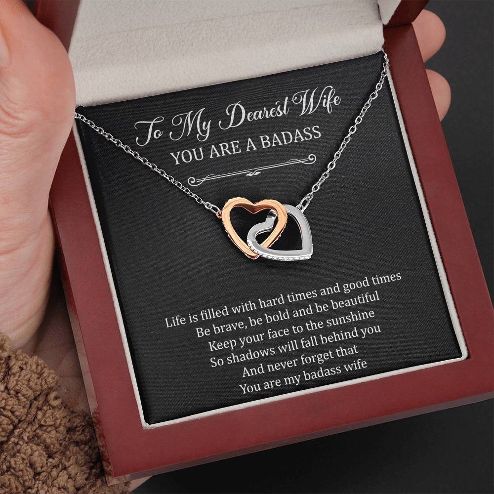 To My Badass Wife, Be Brave, Interlocking Heart Necklace For Women, Anniversary Birthday Valentines Day Gifts From Husband