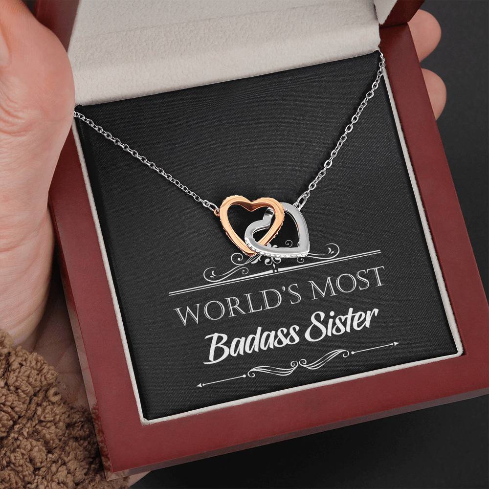 To My Badass Sister Gifts, World's Most Badass Sister, Interlocking Heart Necklace For Women, Birthday Present Idea From Sister