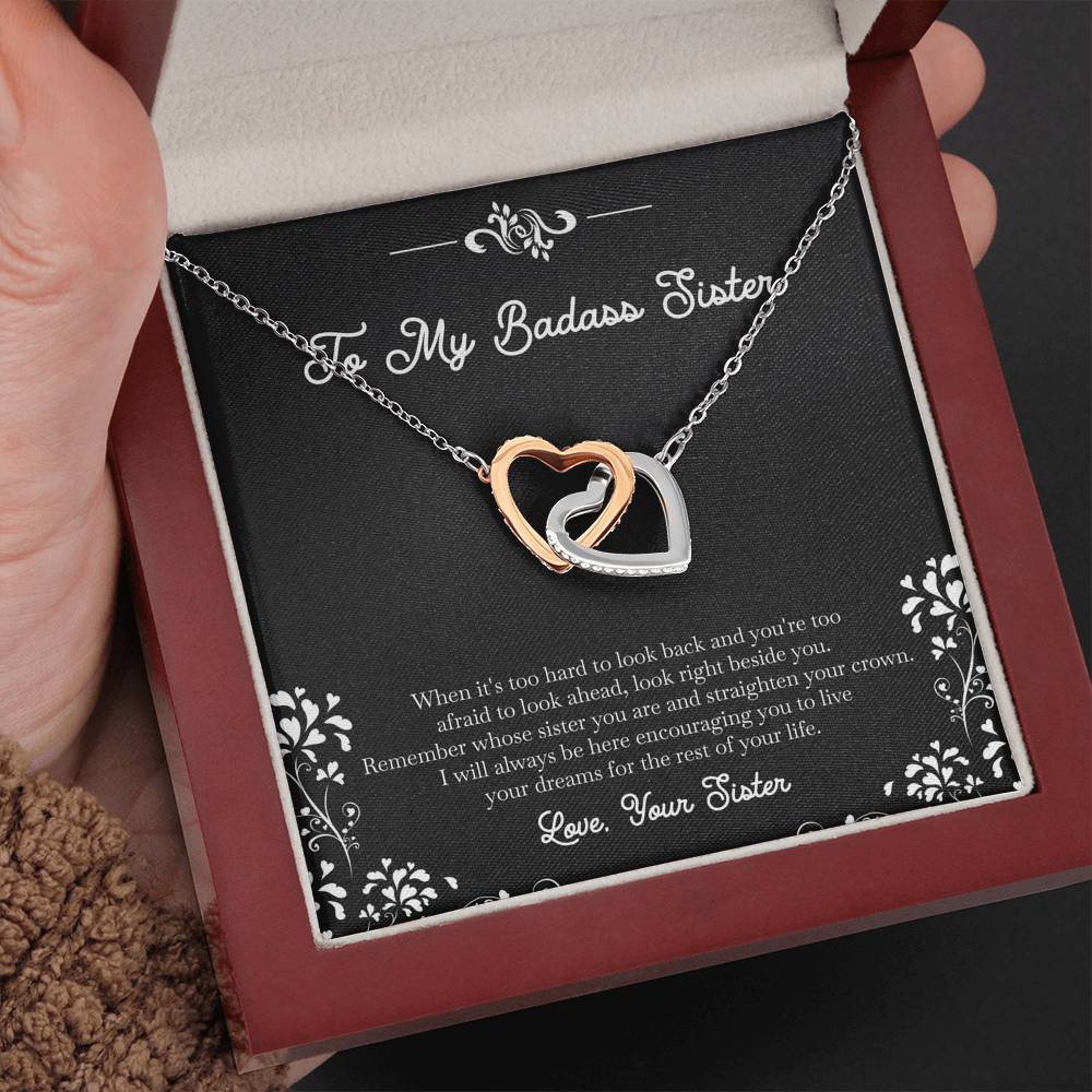 To My Badass Sister Gifts, I Will Always Be Here , Interlocking Heart Necklace For Women, Birthday Present Idea From Sister