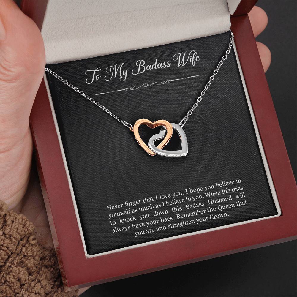 To My Badass Wife, Never Forget That I Love You, Interlocking Heart Necklace For Women, Anniversary Birthday Gifts From Husband