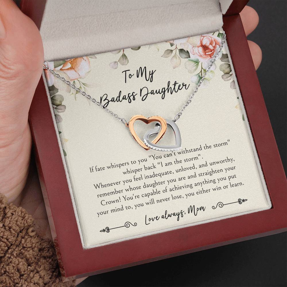To My Badass Daughter Gifts, When It's Too Hard To Look Back, Interlocking Heart Necklace For Women, Birthday Present Idea From Mom