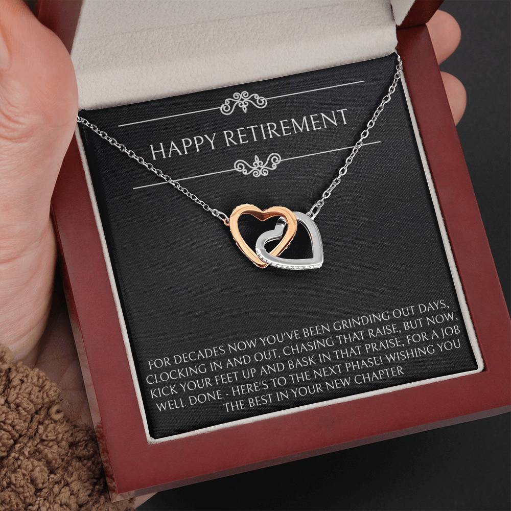 Retirement Gifts, Job Well Done, Happy Retirement Interlocking Heart Necklace For Women, Retirement Party Favor From Friends Coworkers