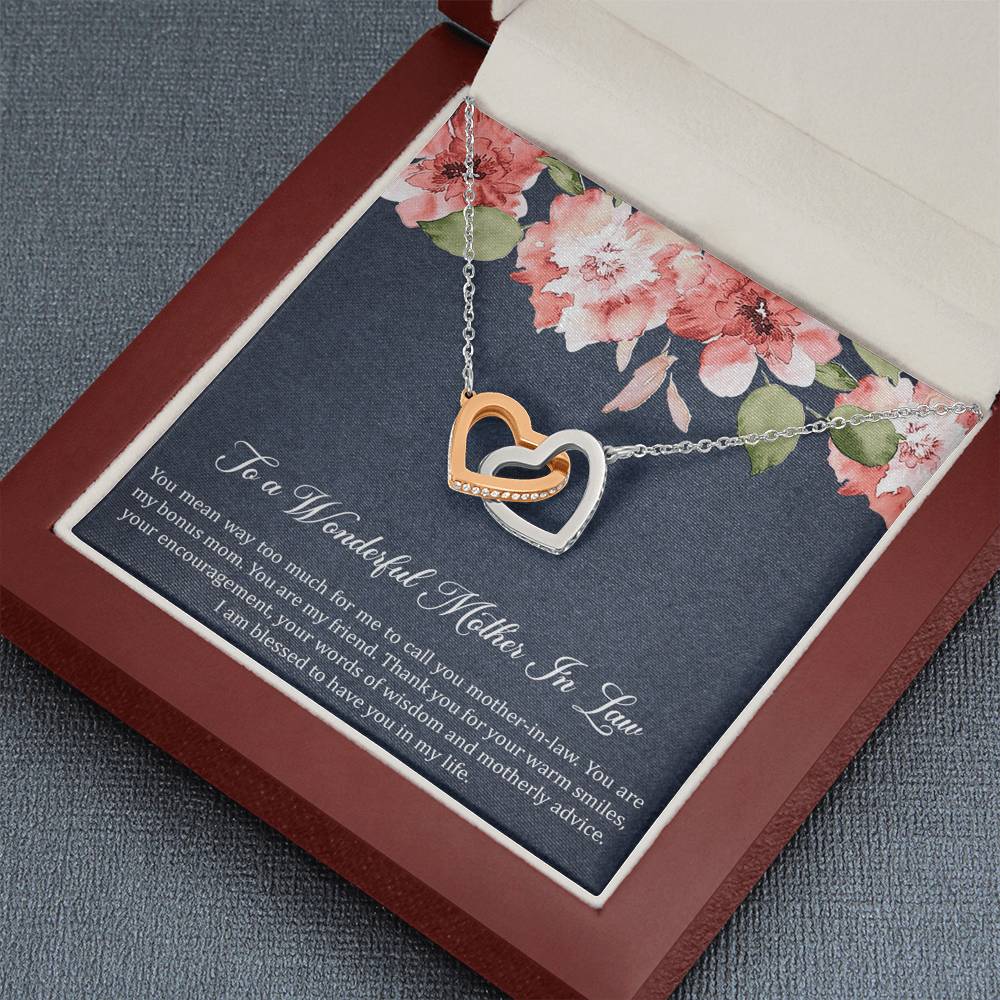 To My Mother-in-Law Gifts, My Bonus Mom, Interlocking Heart Necklace For Women, Birthday Mothers Day Present From Daughter-in-law