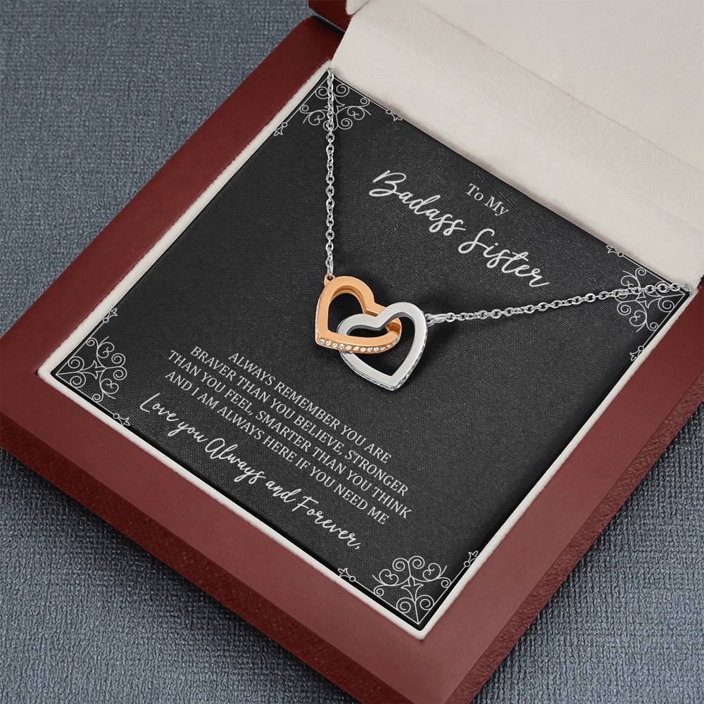 To My Badass Sister Gifts, Always Remember, Interlocking Heart Necklace For Women, Birthday Present Ideas From Sister Brother
