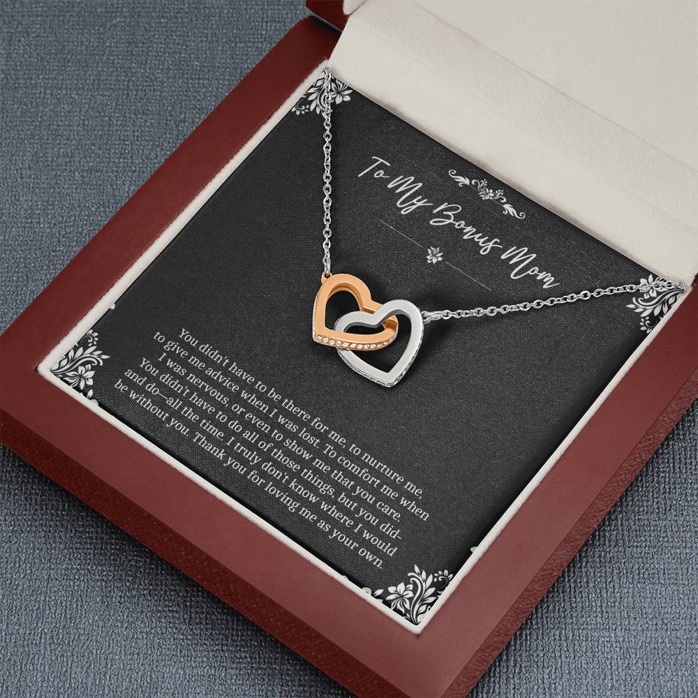 To My Bonus Mom Gifts, Thank You For Loving Me, Interlocking Heart Necklace For Women, Birthday Mothers Day Present From Bonus Daughter