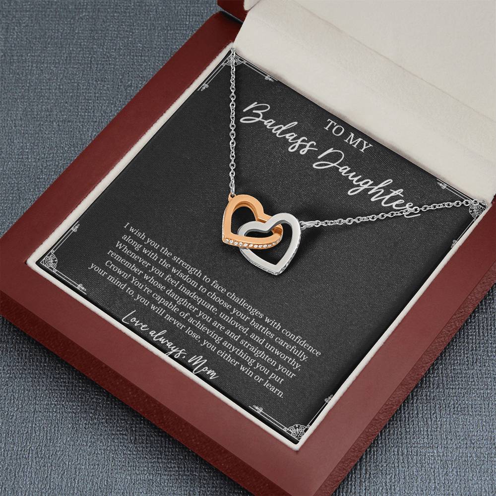 To My Badass Daughter Gifts, I Wish You Strength To Face Challenges, Interlocking Heart Necklace For Women, Birthday Present Idea From Mom