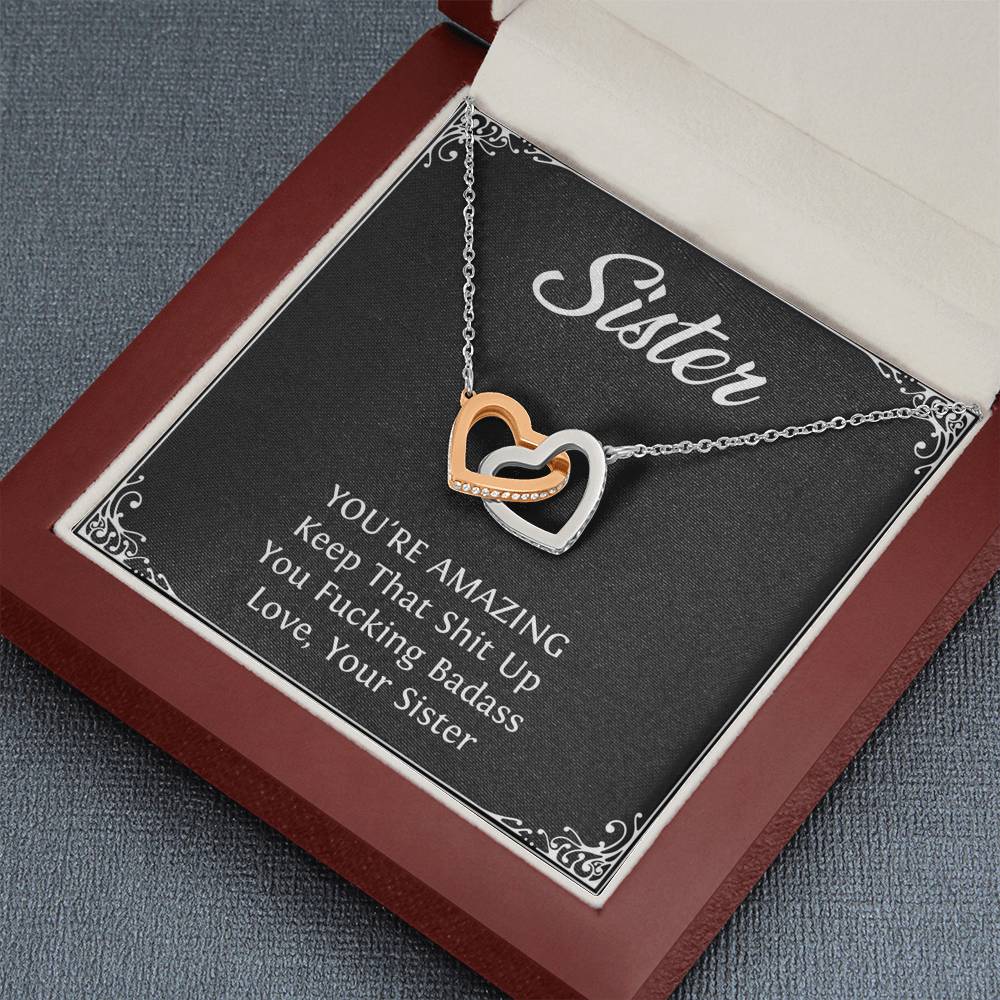 To My Badass Sister Gifts, You're Amazing, Interlocking Heart Necklace For Women, Birthday Present Idea From Sister