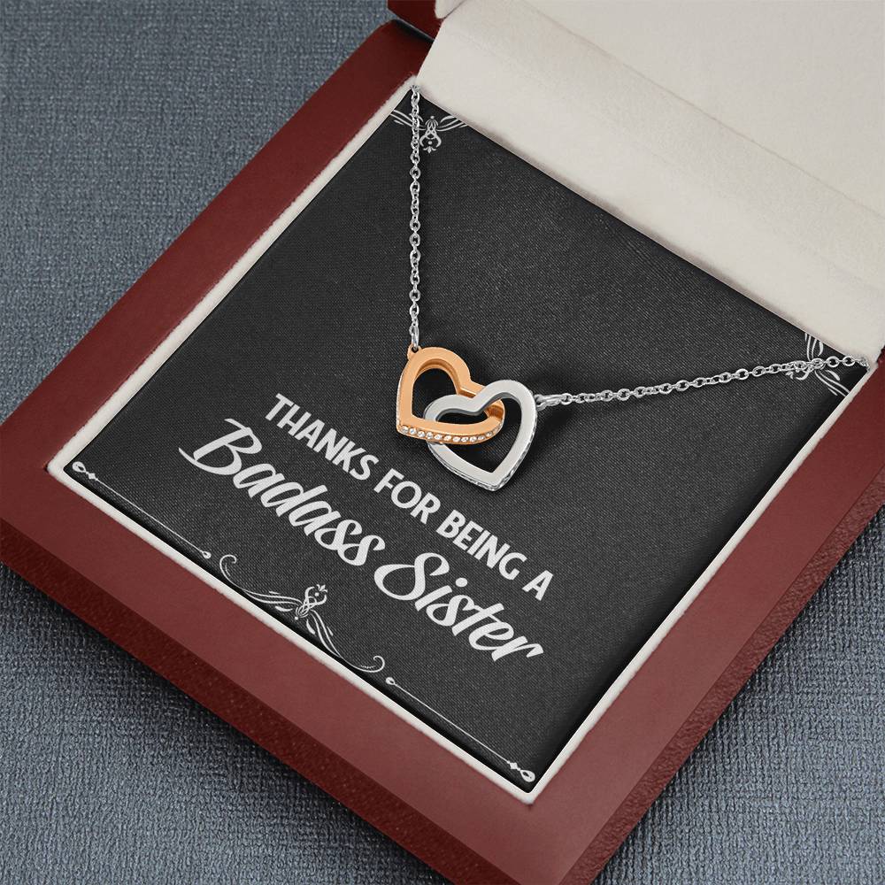 To My Badass Sister Gifts, Thanks For Being A Badass Sister, Interlocking Heart Necklace For Women, Birthday Present Idea From Sister