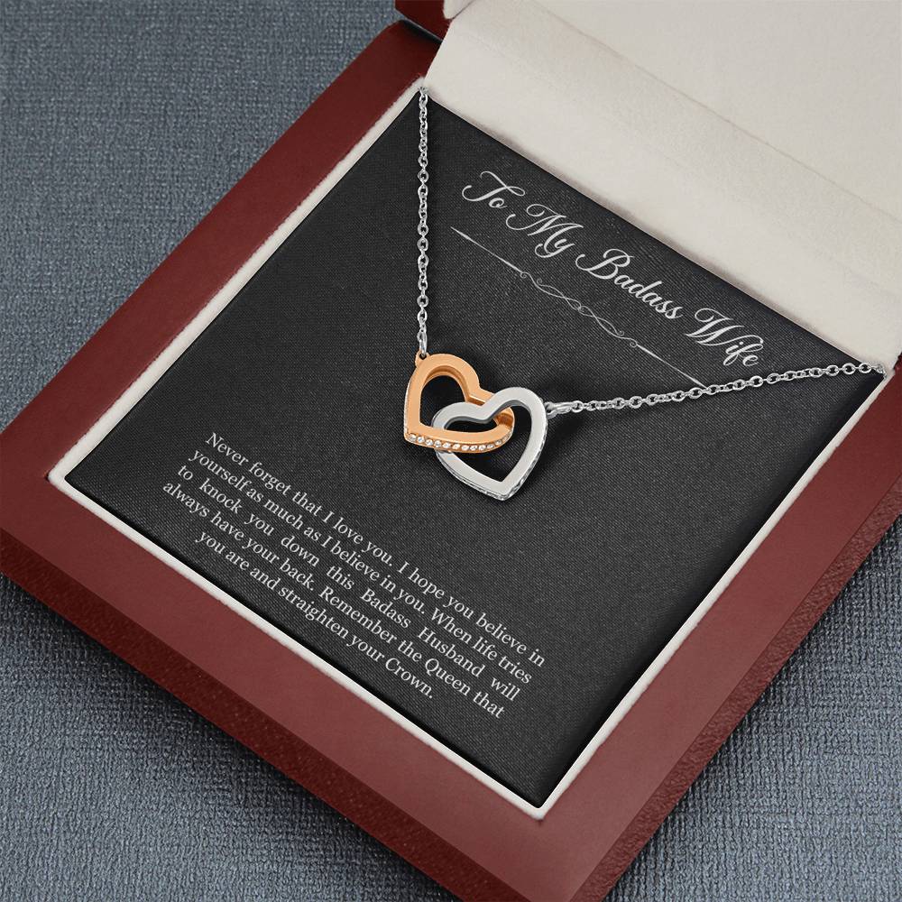 To My Badass Wife, Never Forget That I Love You, Interlocking Heart Necklace For Women, Anniversary Birthday Gifts From Husband
