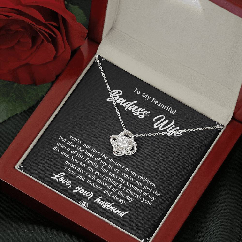 To My Badass Wife, Beat Of My Heart, Love Knot Necklace For Women, Anniversary Birthday Valentines Day Gifts From Husband