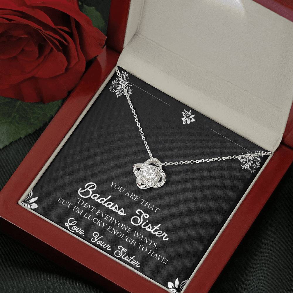 To My Badass Sister Gifts, Lucky To  Have You, Love Knot Necklace For Women, Birthday Present Idea From Sister