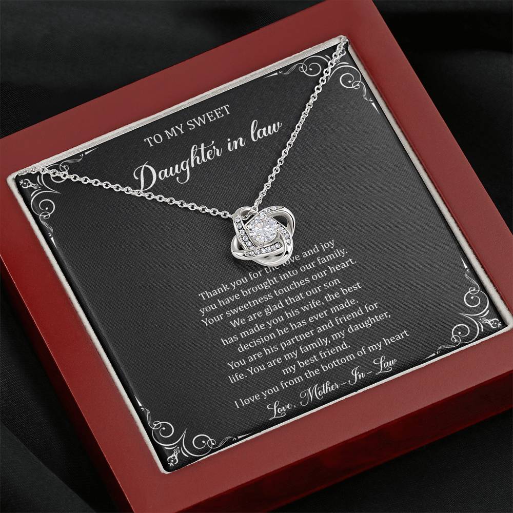 To My Daughter in Law Gifts, Thank You For The Love And Joy, Love Knot Necklace For Women, Birthday Present Idea From Mother-in-law