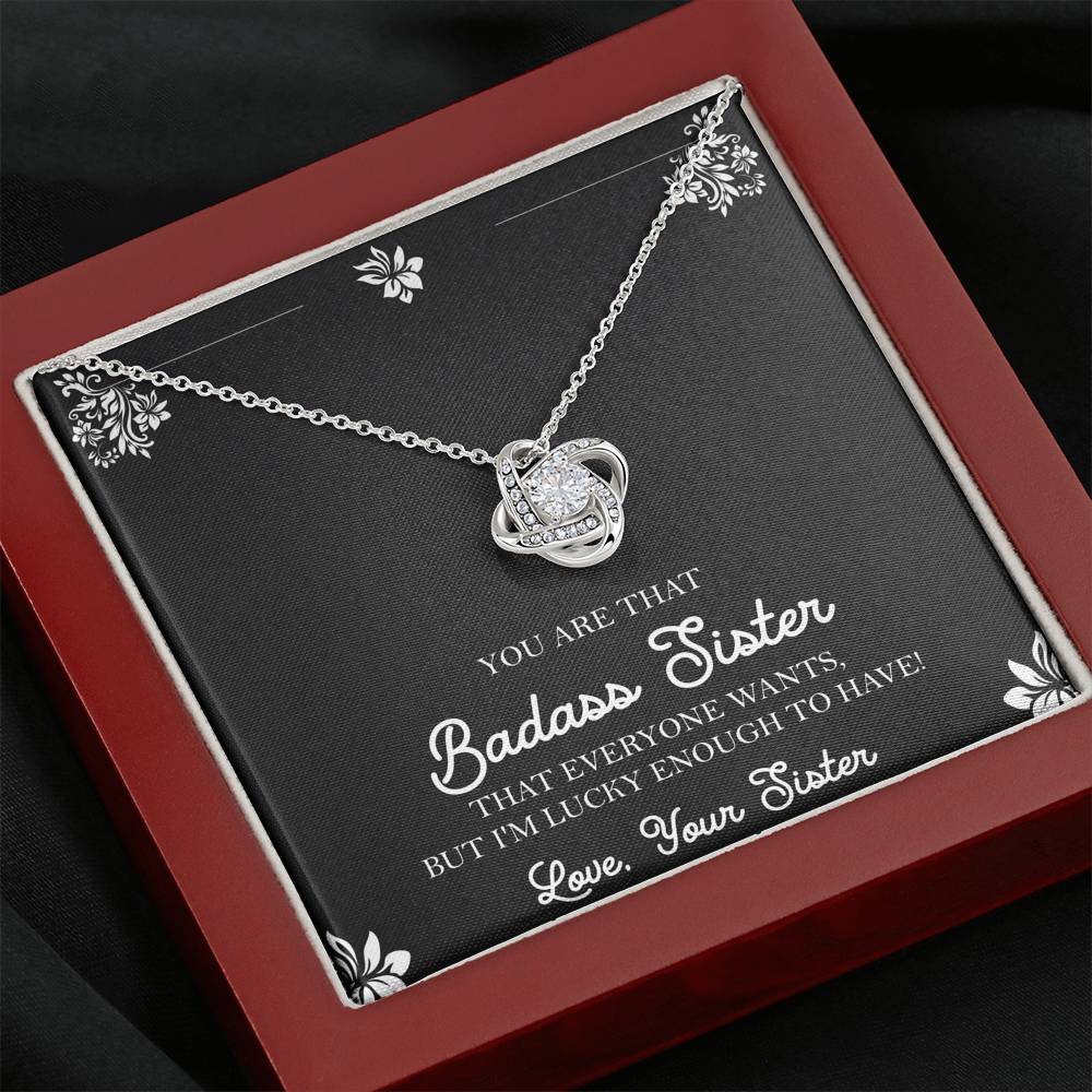 To My Badass Sister Gifts, Lucky To  Have You, Love Knot Necklace For Women, Birthday Present Idea From Sister
