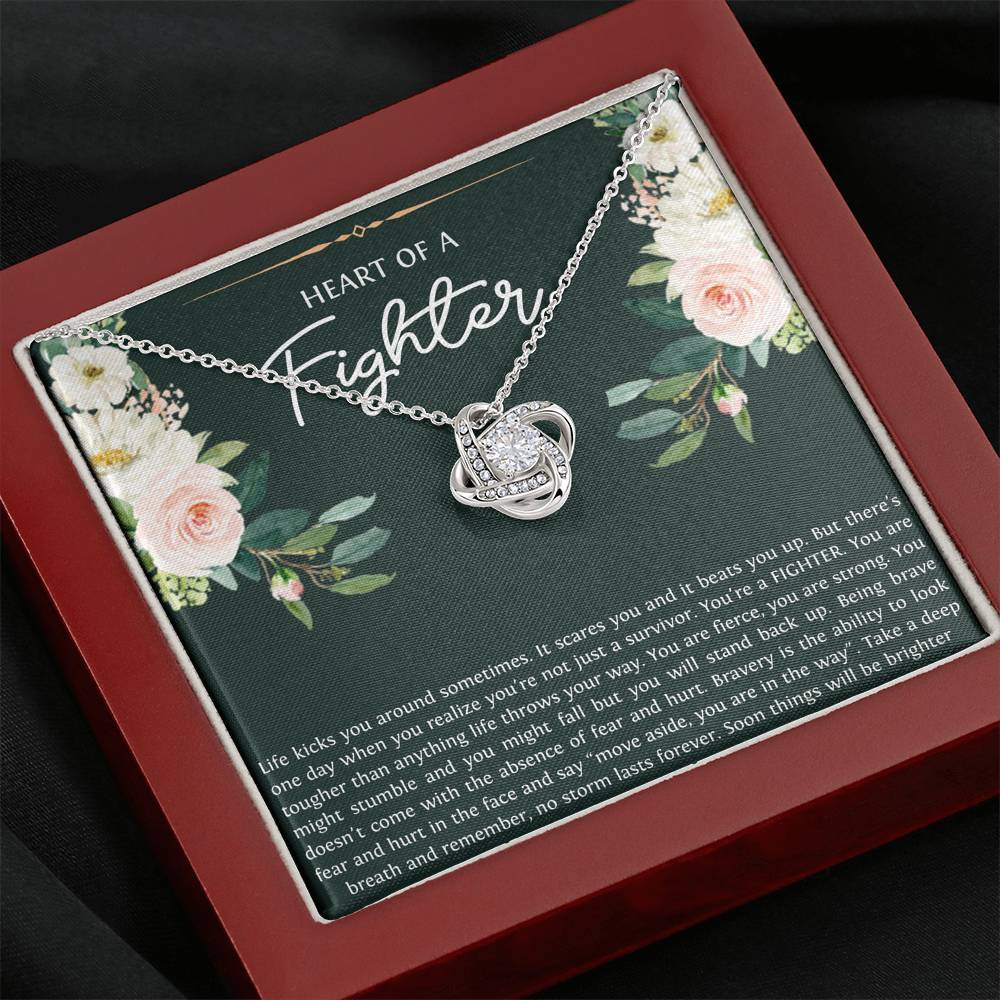 Encouragement Gifts, Heart of a Fighter, Motivational Love Knot Necklace For Women, Sympathy Inspiration Friendship Present