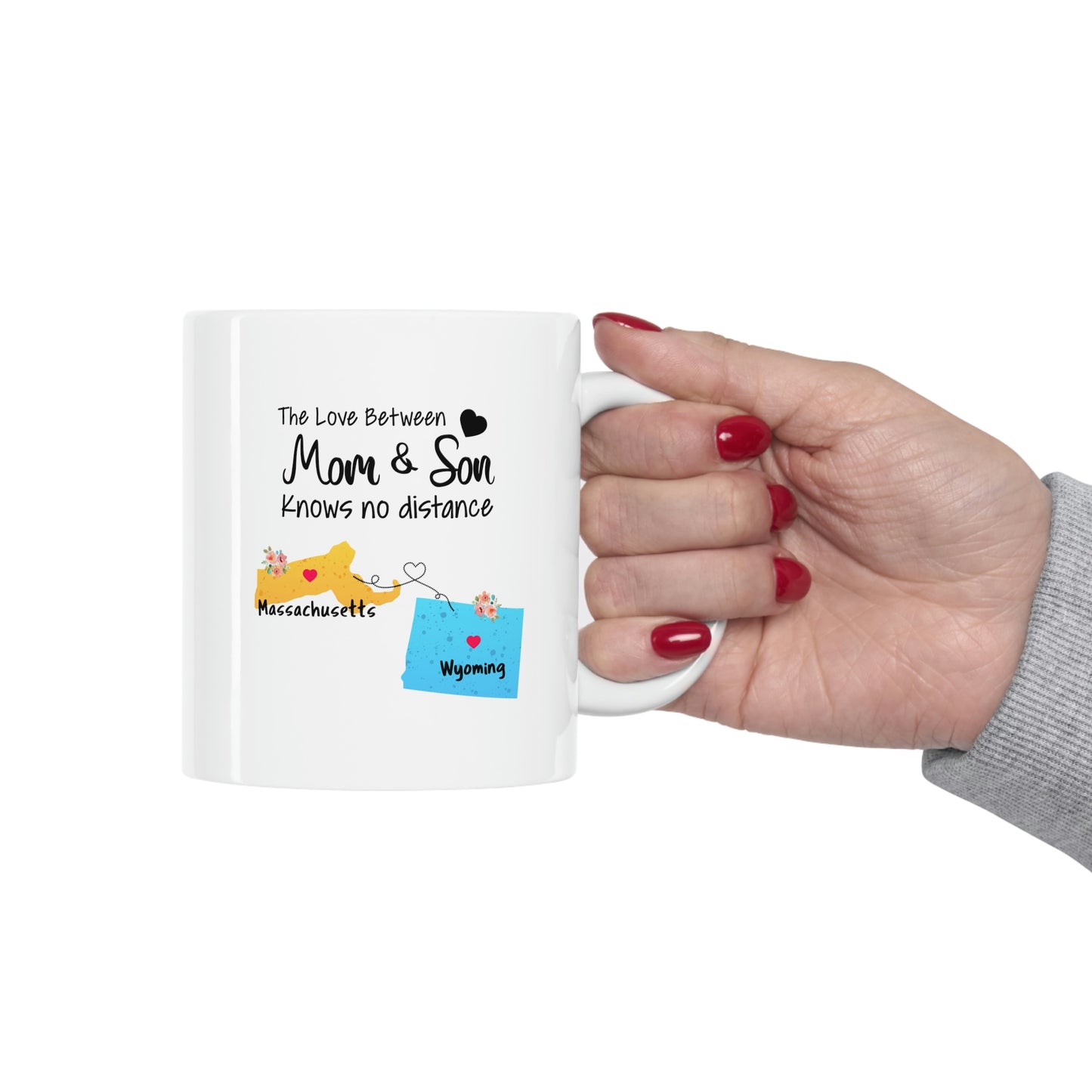 Massachusetts Wyoming Mother's Day Gifts - Love Mom & Son - Long Distance Home State 11 OZ Coffee Mug for Mom