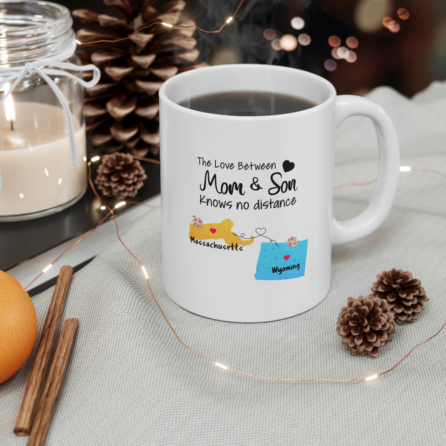 Massachusetts Wyoming Mother's Day Gifts - Love Mom & Son - Long Distance Home State 11 OZ Coffee Mug for Mom