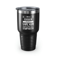 Load image into Gallery viewer, Funny Logger Black Stainless Steel Tumbler - My Level of Sarcasm Travel Mug - Birthday Gifts For Coworkers, Colleagues, Men, Women, Mom, Dad
