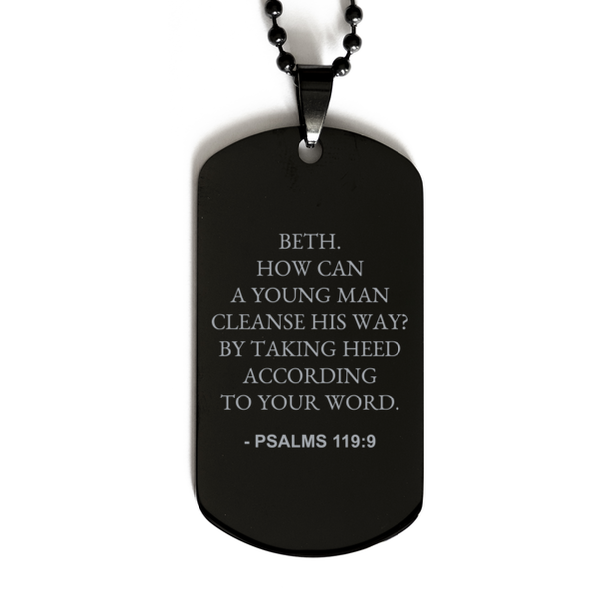 Bible Verse Black Dog Tag, Psalms 119:9 Beth. How Can A Young Man Cleanse His Way? By, Christian Inspirational Necklace Gifts For Men Women