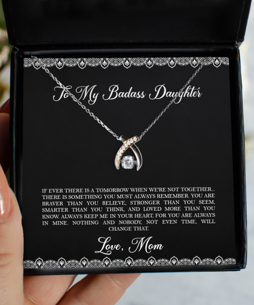 To My Badass Daughter Gifts, Keep Me In Your Heart, Wishbone Dancing Neckace For Women, Birthday Jewelry Gifts From Mom