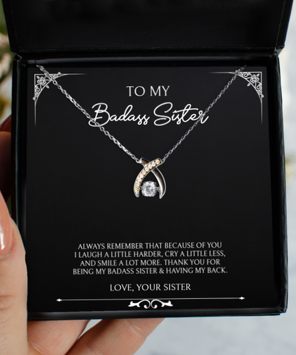 To My Badass Sister Gifts, Always Remember, Wishbone Dancing Necklace For Women, Birthday Jewelry Gifts From Sister