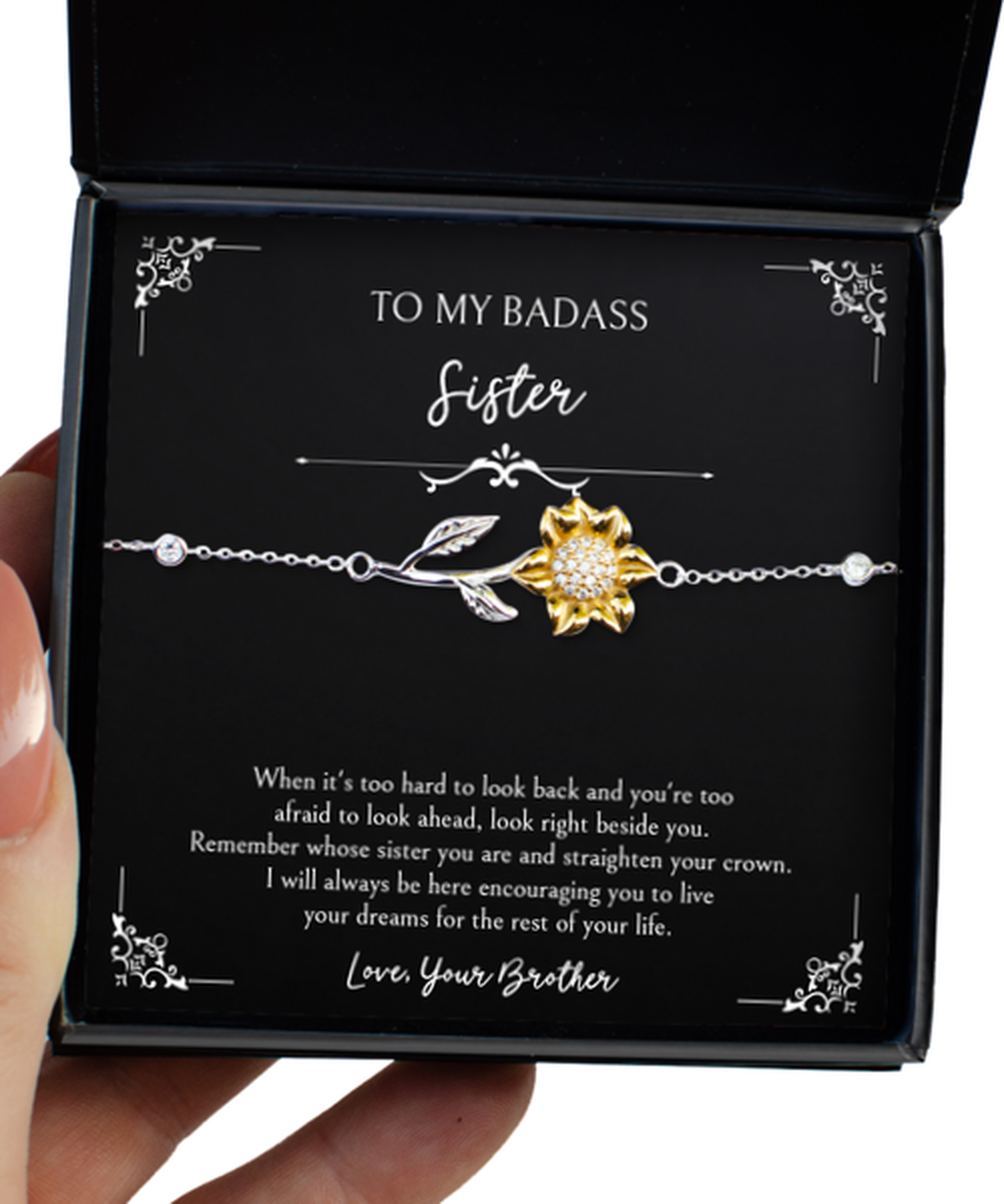 To My Badass Sister Gifts, Right Beside You, Sunflower Bracelet For Women, Birthday Jewelry Gifts From Brother