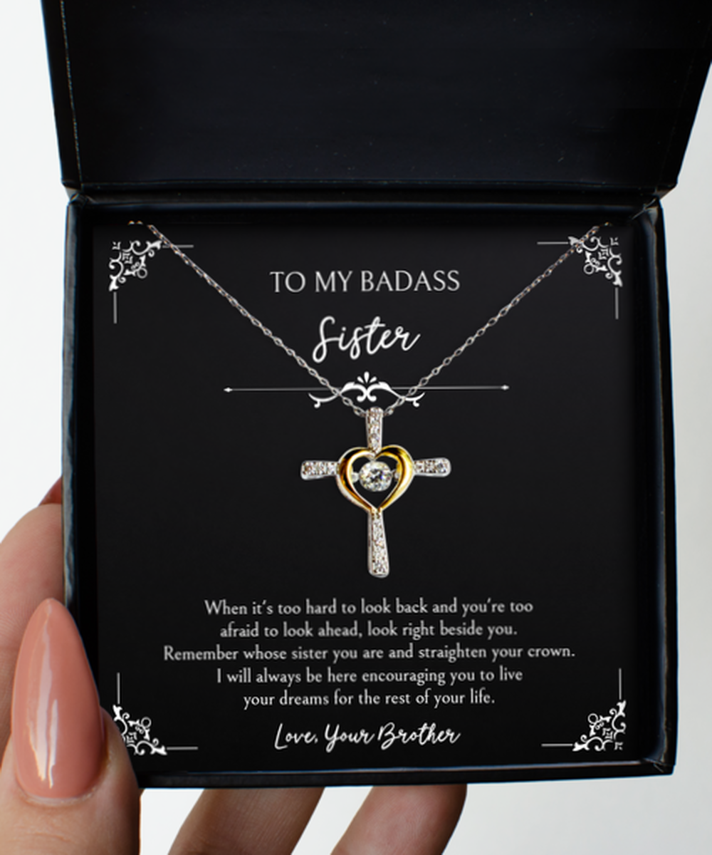 To My Badass Sister Gifts, Right Beside You, Cross Dancing Necklace For Women, Birthday Jewelry Gifts From Brother