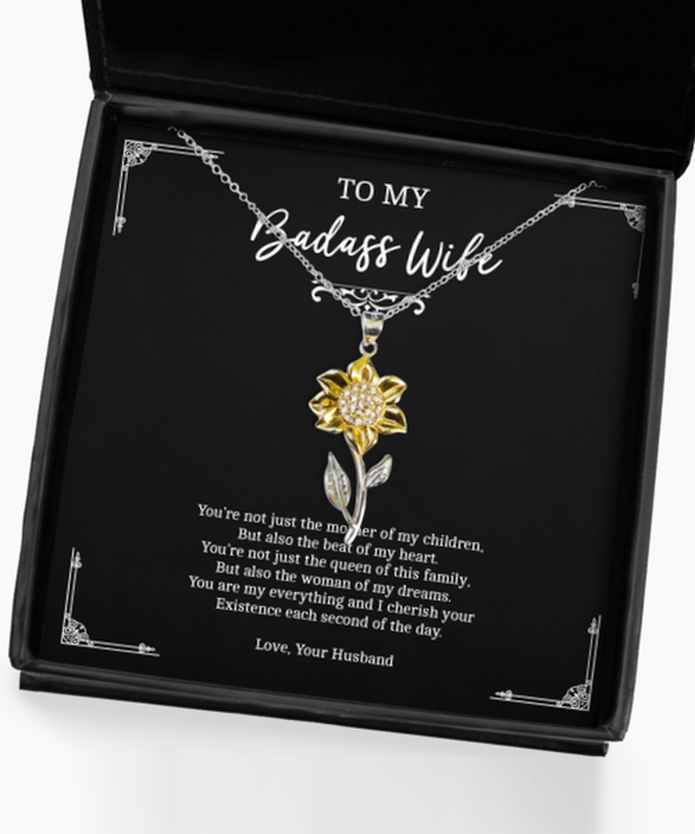 To My Badass Wife, Woman Of My Dreams, Sunflower Pendant Necklace For Women, Anniversary Birthday Valentines Day Gifts From Husband