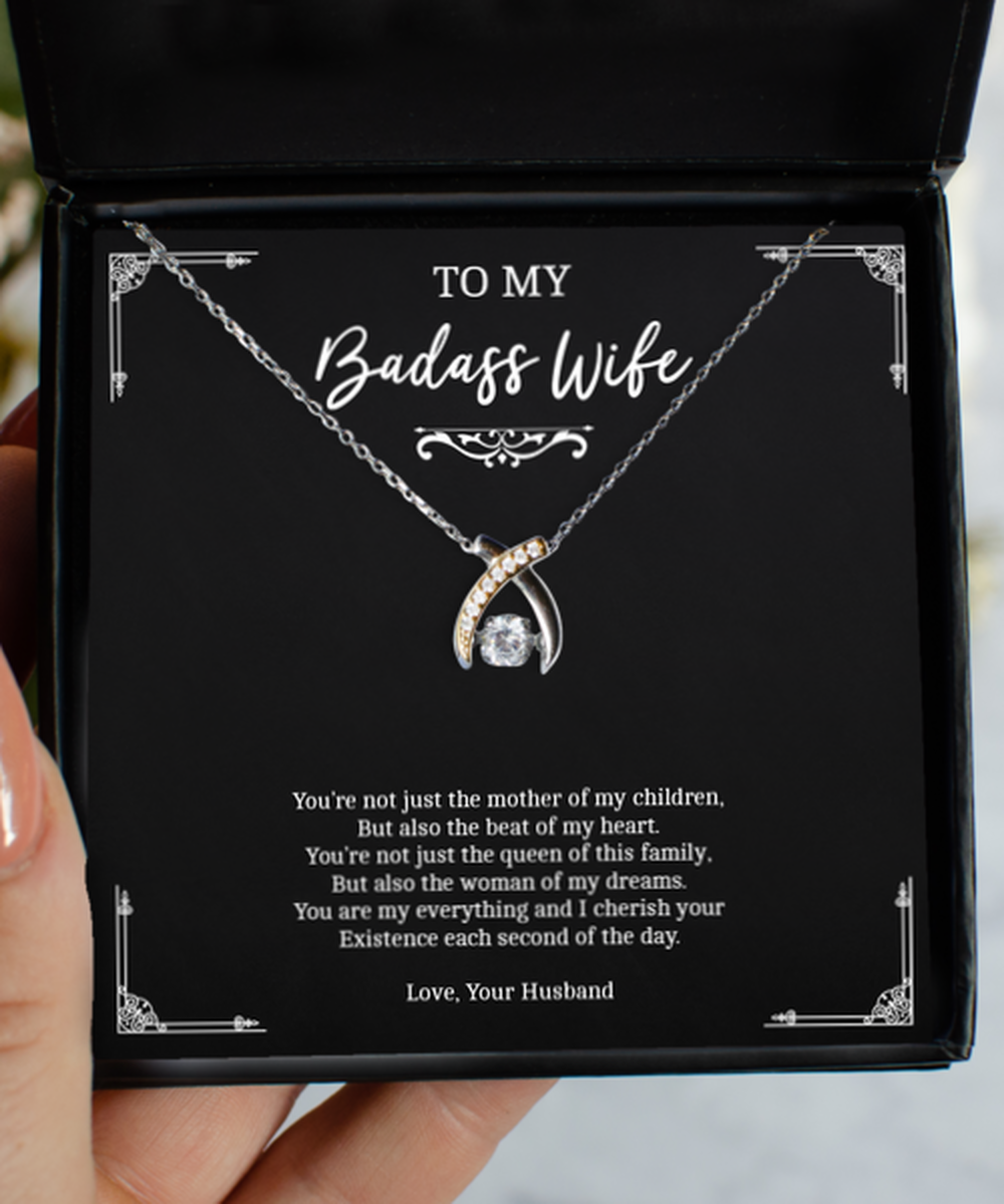 To My Badass Wife, Woman Of My Dreams, Wishbone Dancing Necklace For Women, Anniversary Birthday Valentines Day Gifts From Husband