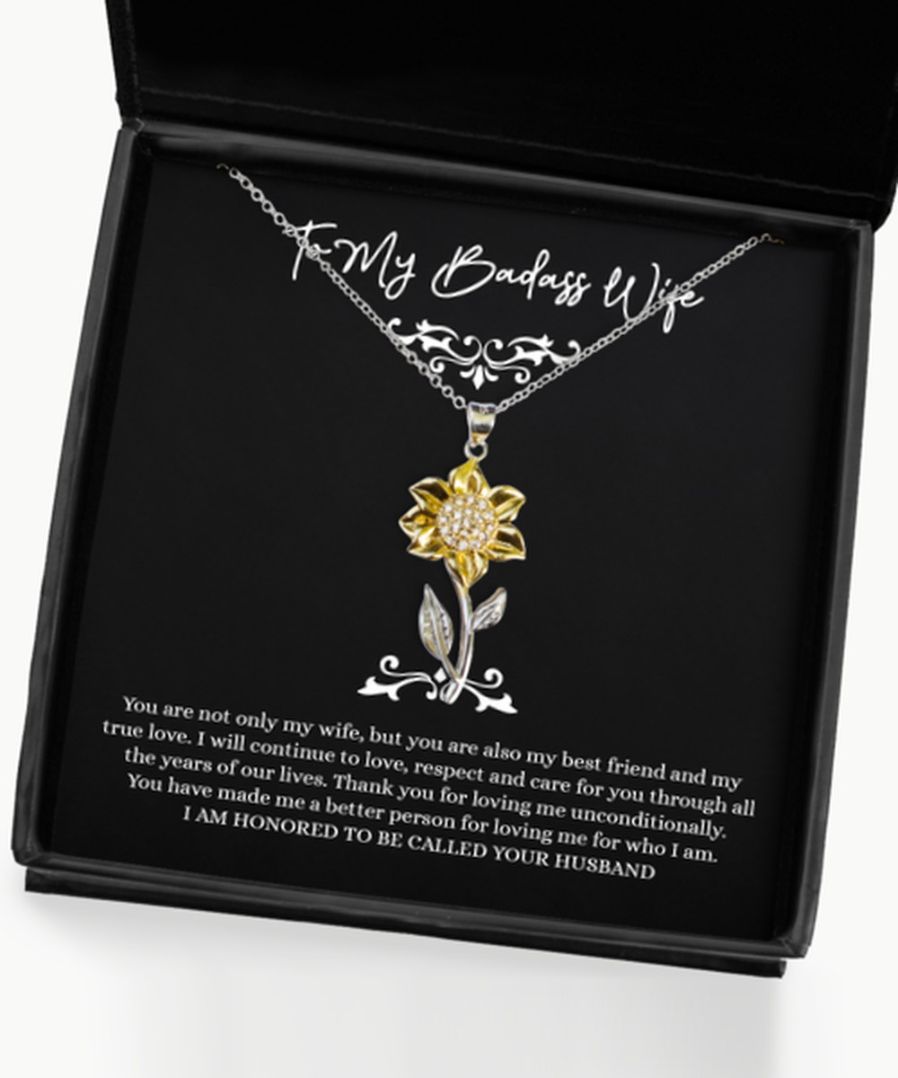 To My Badass Wife, My True Love, Sunflower Pendant Necklace For Women, Anniversary Birthday Valentines Day Gifts From Husband