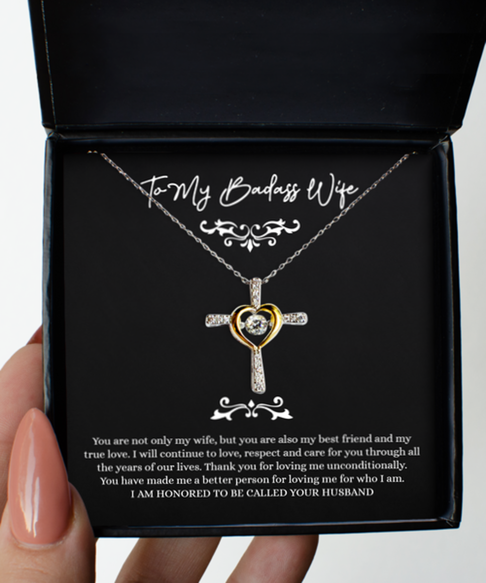 To My Badass Wife, My True Love, Cross Dancing Necklace For Women, Anniversary Birthday Valentines Day Gifts From Husband