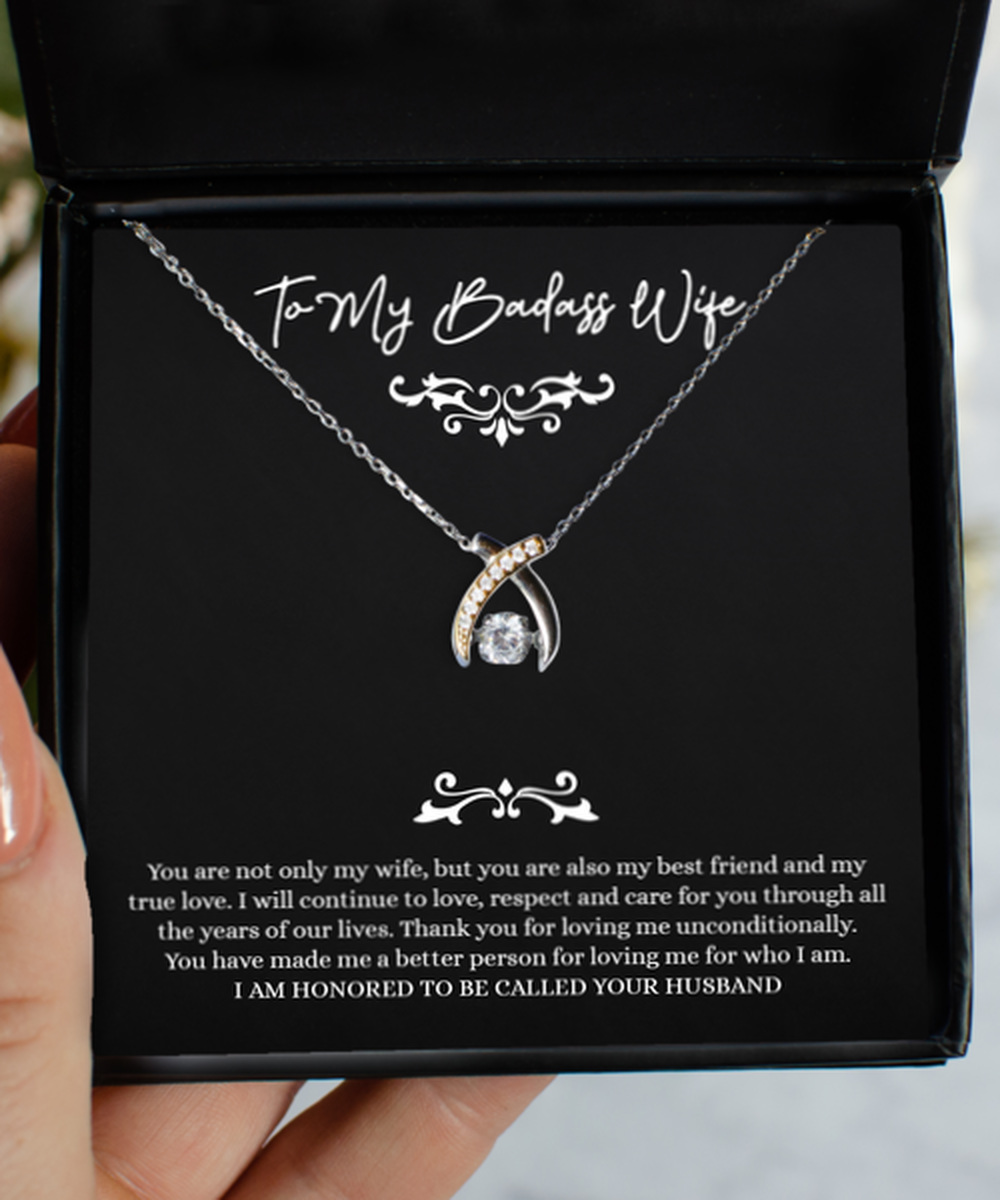 To My Badass Wife, My True Love, Wishbone Dancing Necklace For Women, Anniversary Birthday Valentines Day Gifts From Husband