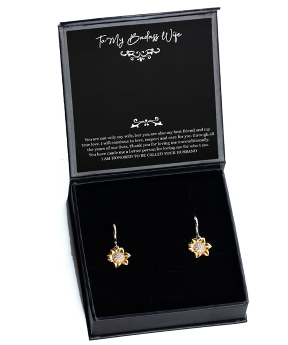 To My Badass Wife, My True Love, Sunflower Earrings For Women, Anniversary Birthday Valentines Day Gifts From Husband