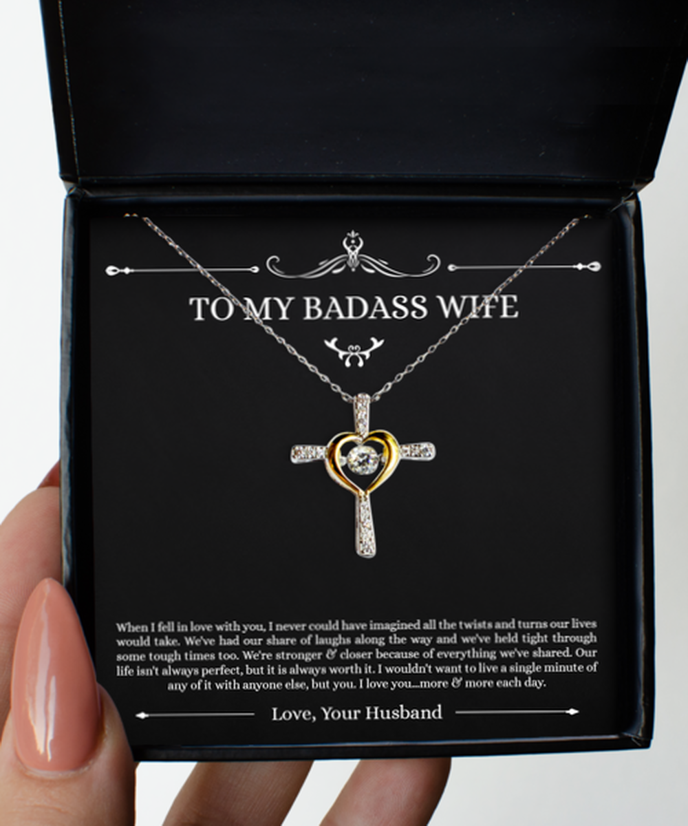 To My Badass Wife, Always Perfect, Cross Dancing Necklace For Women, Anniversary Birthday Valentines Day Gifts From Husband
