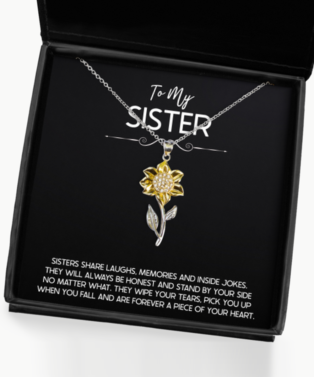 To My Sister Gifts, Sister Share Laughs, Sunflower Pendant Necklace For Women, Birthday Jewelry Gifts From Sister
