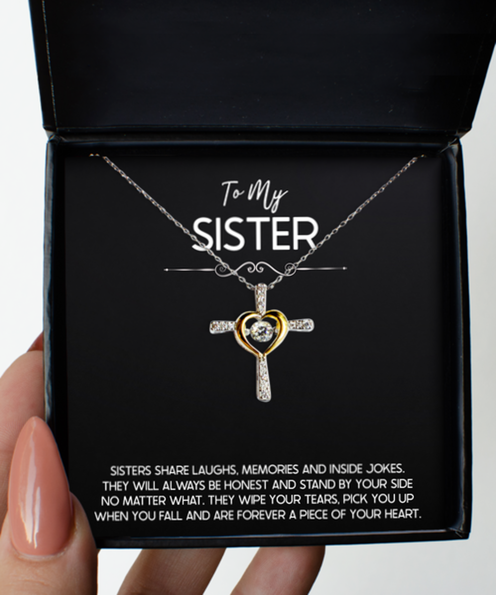 To My Sister Gifts, Sister Share Laughs, Cross Dancing Necklace For Women, Birthday Jewelry Gifts From Sister