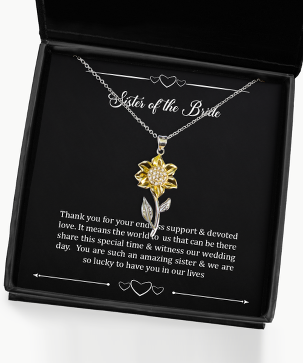 To My Sister Of The Bride Gifts, We're Lucky To Have, Sunflower Pendant Necklace For Women, Wedding Day Thank You Ideas From Bride