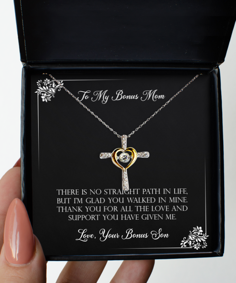 To My Bonus Mom Gifts, Thank You For All The Love, Cross Dancing Necklace For Women, Birthday Mothers Day Present From Bonus Son
